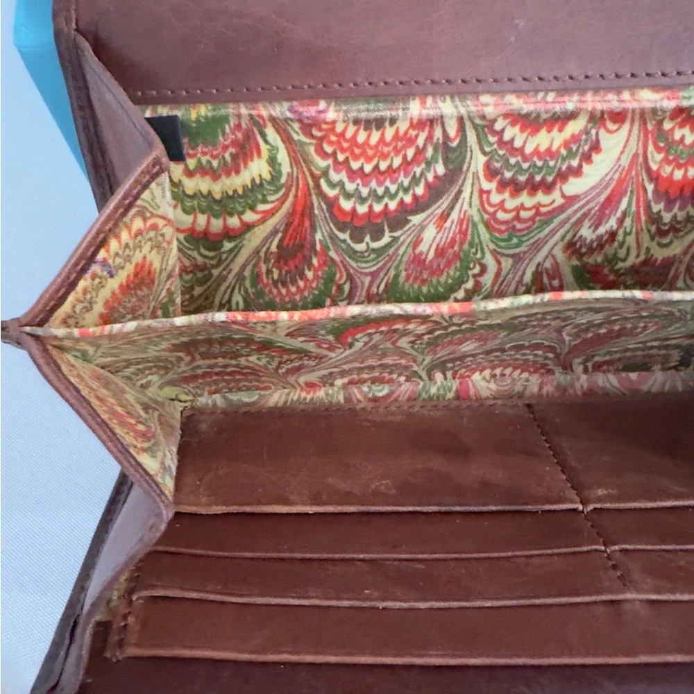 DOONEY & BOURKE ~ Dark Brown Long Leather Wallet with Fall Color Paisley Print